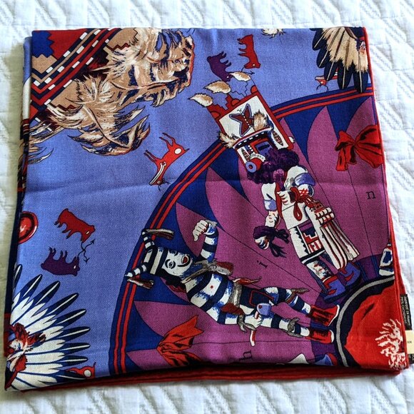 NWT Hermes Cashmere Silk Kachinas Kermit Oliver 140cm 54" Blue Red Shawl Scarf - Picture 8 of 12